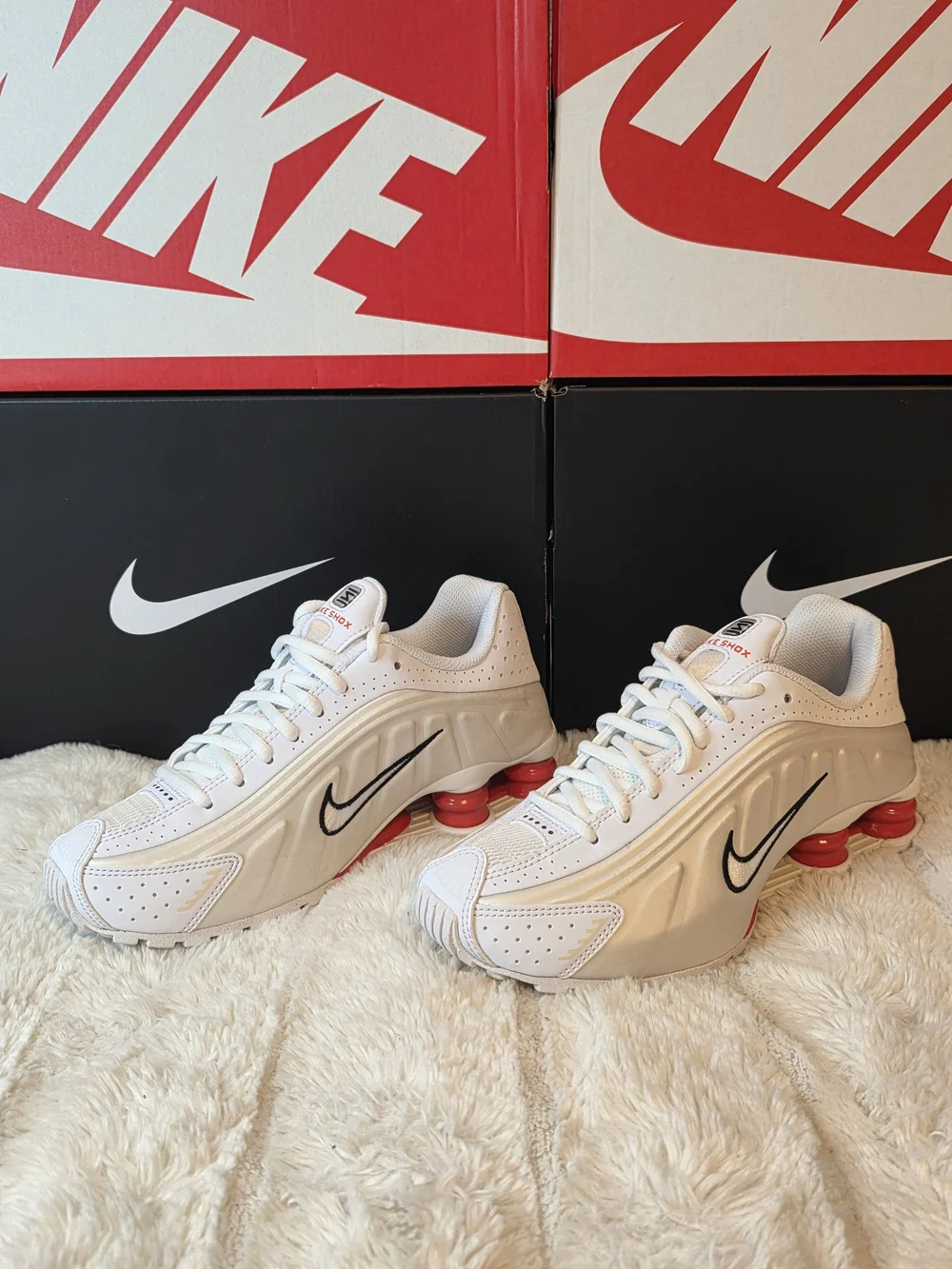 Nike White Sneakers with Red Shox and Black Swoosh